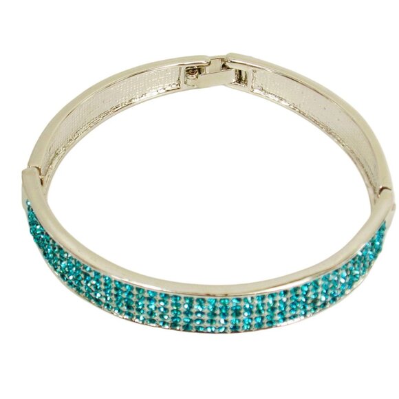 Light blue crystal bangle bracelet, expands open, pave aqua blue crystals - Picture 3 of 11